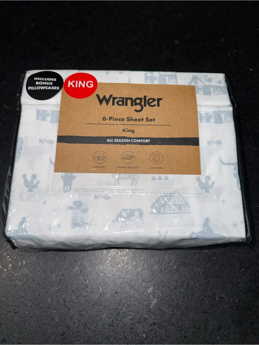 NEW Wrangler King 6-Piece Sheet Set ON THE RANCH White & Blue Western Print NWT